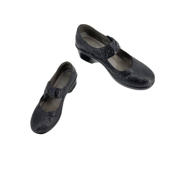 Vtg Y2K Alegria Mary Jane Leather Chunky 3D Rose Embossed Ell-541 Black Sz 41 - Picture 1 of 12